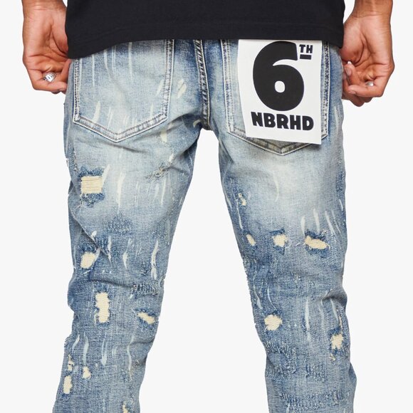 Men’s 6th NBRHD Stacked Jeans River Valley Light Blue Washed Denim Size 30 - Picture 2 of 5